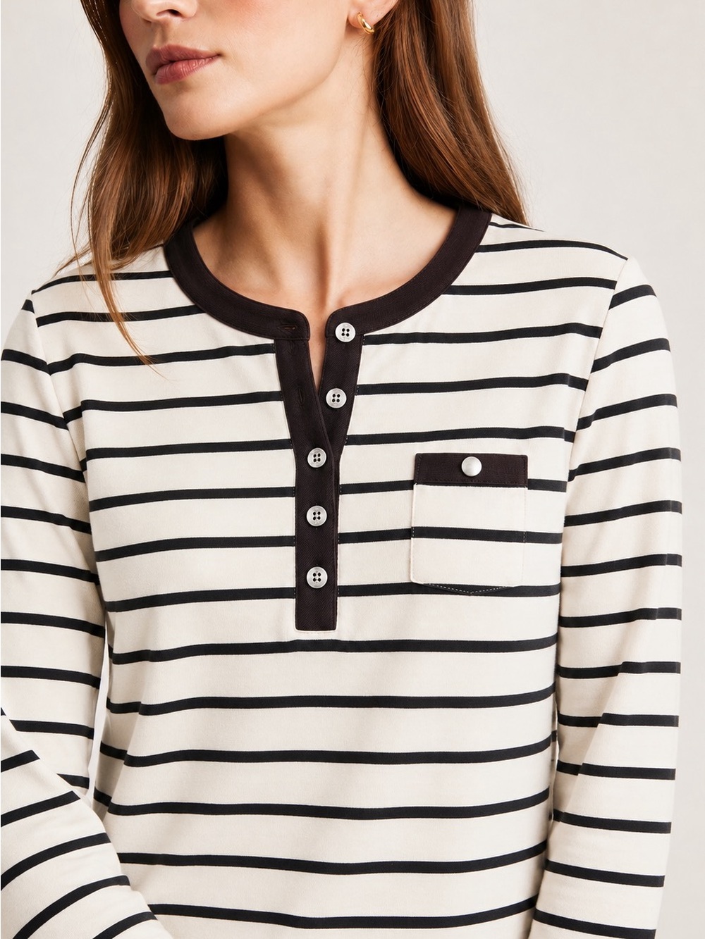 Lauren Ralph Lauren 100% Cotton Striped Henley Top Ivory Brown Women Size 2X